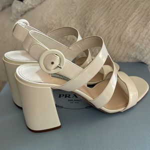 Beautiful White Patent Leather Prada Sandals Chunky Heel size 9/9.5